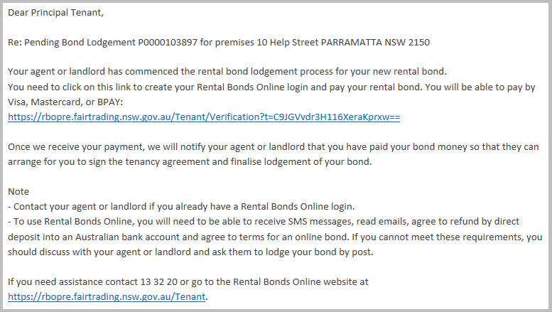 Example of email to Principal Tenant for paying bond money